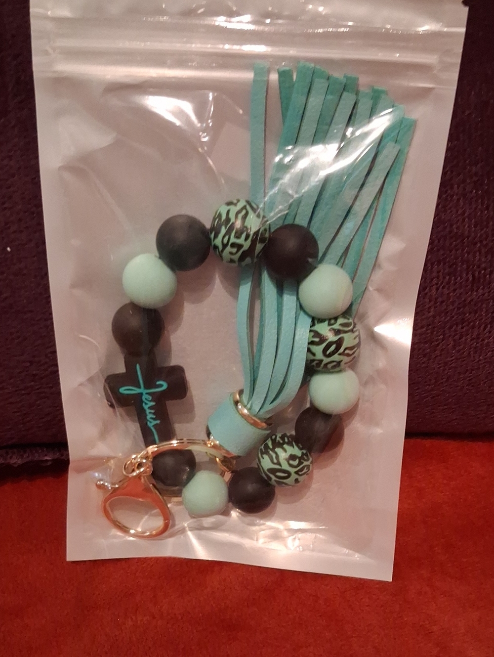 Mint Green and Black Beaded Tassel Keychain Bracelet